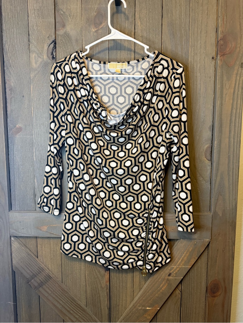 Michael Kors Black & Cream Geometric Cowl Neck Long Sleeve Top